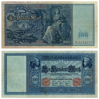 Eine Hundert-Mark-Banknote, 1910 (Vorder- und Rückseite) von German School