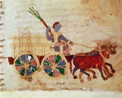 Ein Bauer auf einem Miniaturwagen aus dem Manuskript „De Universo“ (oder De rerum naturis (Von der Natur der Dinge)) (cod. 132) von Rabanus Maurus Magnentius (oder Raban Maur oder Rabano Mauro) (ca. 780-856) von German School