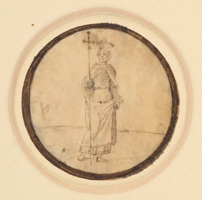 Ein Rundbild, das Christus mit einem langen, am Hals befestigten Umhang und einem Prozessionskreuz zeigt von German School