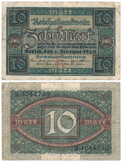 Eine Zehn-Mark-Banknote, 1920 (Vorder- und Rückseite) von German School