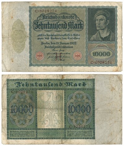 Eine Zehntausend-Mark-Banknote, 1922 (Vorder- und Rückseite) von German School