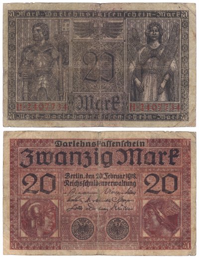 Eine Zwanzig-Mark-Banknote, 1918 (Vorder- und Rückseite) von German School