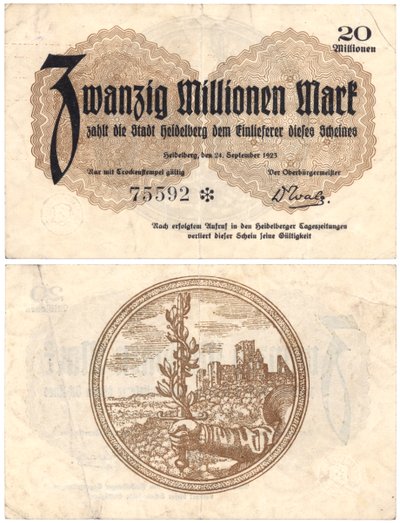 Eine Zwanzig-Millionen-Mark-Banknote, 1923 (Vorder- und Rückseite) von German School