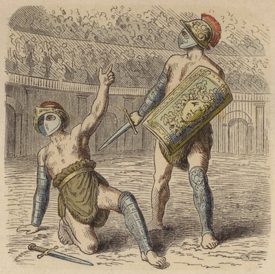 Ein verwundeter römischer Gladiator bittet die Menge um sein Leben von German School