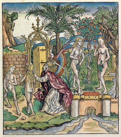 Adam und Eva werden aus Eden vertrieben, veröffentlicht in der Nürnberger Chronik, 1493 von German School