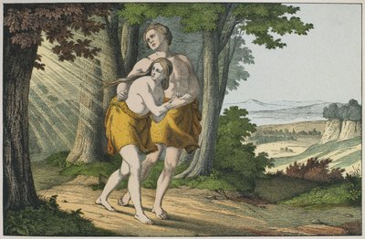 Adam und Eva werden aus dem Paradies vertrieben, Illustration aus dem Alten Testament, veröffentlicht von Jakob Ferdinand Schreiber, Esslingen (Farbstich) von German School