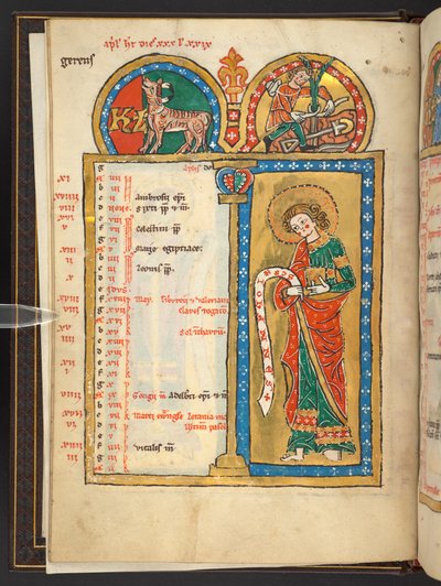 April, Teil von 12 Kalenderseiten in Gold und Farben, mit architektonischen Rahmen, die ein Sternzeichen, einen Apostel und eine Arbeit des Monats enthalten von German School
