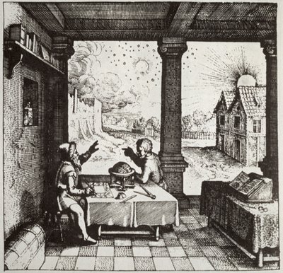 Ein Astrologe erstellt ein Horoskop, Kopie einer Illustration aus Utriusque Cosmi Historia von Robert Fludd, Oppenheim 1617, verwendet in einer Geschichte der Magie, veröffentlicht Ende des 19. Jahrhunderts von German School
