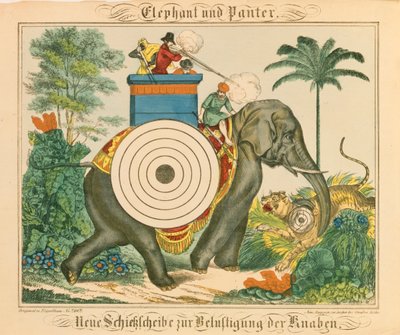 Ein Elefant und ein Panther mit Zielen, aus Neuruppiner Bilderbogen, 1850 von German School