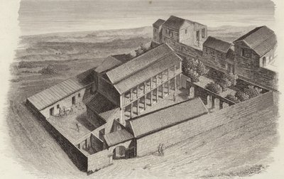 Antike griechische Häuser in Moudleja, Syrien. Illustration für Bilder-Atlas (Stich) von German School