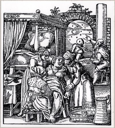 Astrologen erstellen ein Horoskop für das Kind, das einer Frau in einem Gebärstuhl geboren wird, aus De Conceptu et Generatione Hominis von Jacob Rueff, veröffentlicht in Frankfurt, 1587 von German School