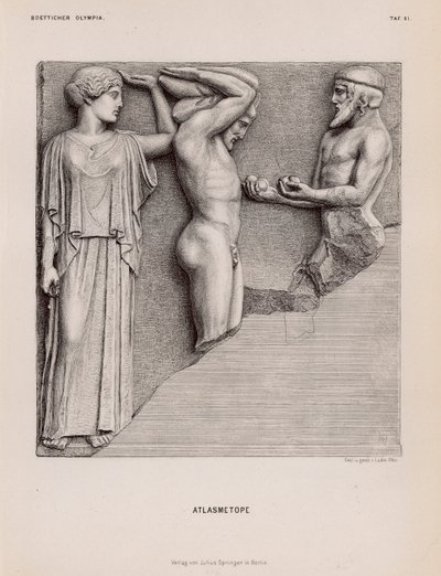 Atlas bringt Herakles die Äpfel der Hesperiden in Anwesenheit von Athene, Metope vom Tempel des Zeus, Olympia, Griechenland von German School