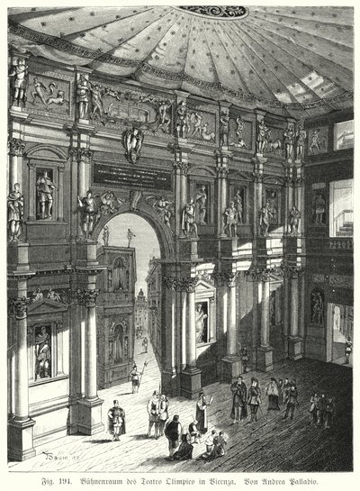 Auditorium und Bühne des Teatro Olimpico, Piacenza, Italien, entworfen von Andrea Palladio von German School