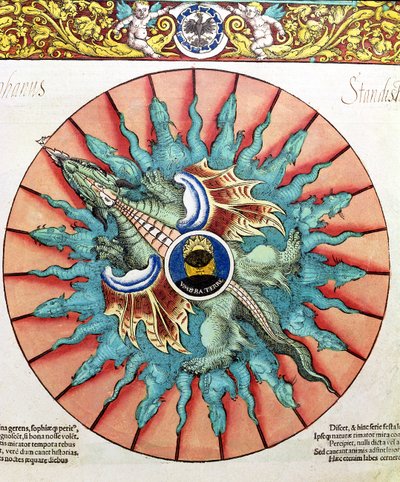 BT1.70.2 Eine Sonnenfinsternis, Illustration aus Astronomicum Caesareum von Peter Apian (Bennewitz) (1495-1552) veröffentlicht in Ingolstadt, 1540 (kolorierter Holzschnitt) von German School