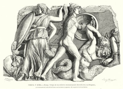 Kampf zwischen den Göttern und Titanen und Riesen, antikes griechisches Relief aus Pergamon von German School