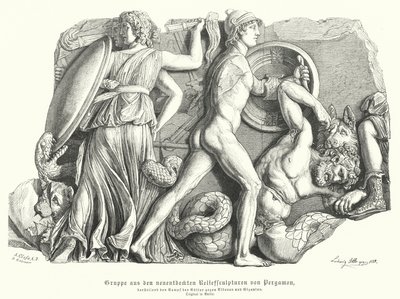 Kampf zwischen den Göttern und Titanen und Riesen, antikes griechisches Relief aus Pergamon von German School