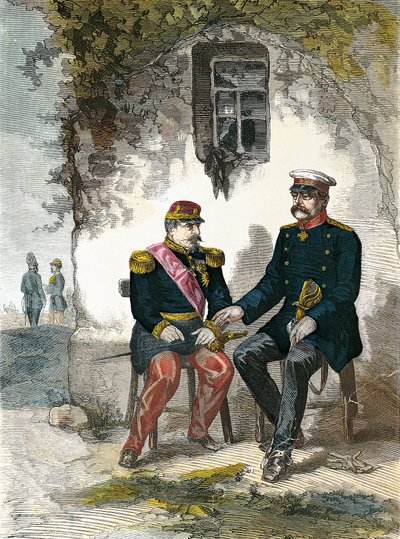 Bismarck im Gespräch mit Napoleon III. nach seiner Gefangennahme in der Schlacht von Sedan, 2. September von German School