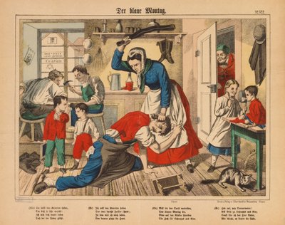 Blauer Montag - die Frau eines Schuhmachers schlägt ihren Mann, Flugblatt veröffentlicht von C. Burckhardt, Weissenburg, ca. 1850 von German School