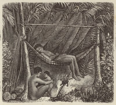 Brasilianischer Eingeborener ruht in einer Hängematte (Stich) von German School