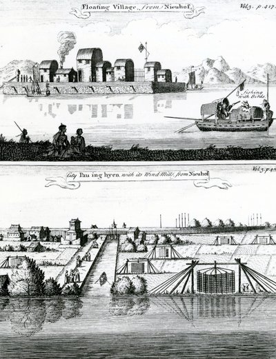 Chinesisches schwimmendes Dorf, 17. Jahrhundert von German School
