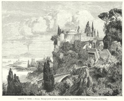 Küstenlinie der Bucht von Neapel von der antiken römischen Stadt Baiae, Kap Miseno, mit Vesuv im Hintergrund von German School