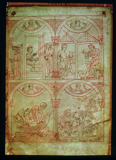 Codex 507 fol.2r Weber, Schuster, Fischer und Jäger, aus Renner Musterbuch, ca. 1208-18 von German School