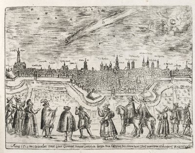 Komet über Augsburg Ende November 1618, aus Cometen Historia, veröffentlicht 1618 von German School