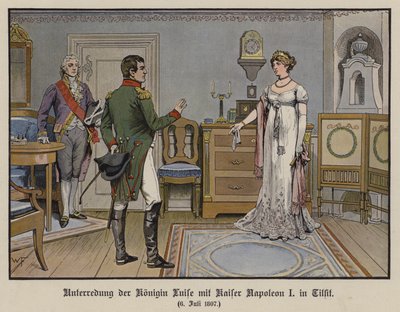 Gespräch zwischen Königin Louise von Preußen und Kaiser Napoleon I. in Tilsit, 6. Juli 1807 (Farblithografie) von German School