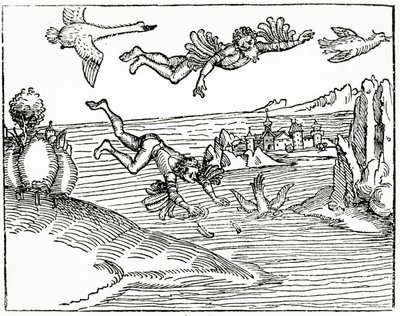 Daedalus, der mit seinem Sohn Ikarus aus Kreta flieht, sieht ihn zu seinem Tod stürzen, 1493 von German School