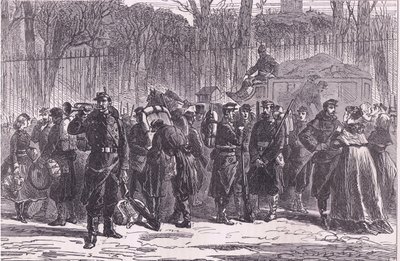 Abmarsch des Zehnten Regiments der Nationalgarde zu den vorgeschobenen Posten, Cassells Geschichte des Krieges zwischen Frankreich und Deutschland, veröffentlicht von Cassell and Company Limited, ca. 1890 von German School
