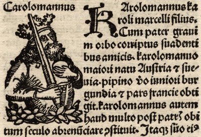 Detail eines originalen Inkunabelblatts, Darstellung von Karl dem Großen (742-814) vor 1500 (Detail) von German School