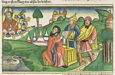Deuteronomium: Frontispiz, in dem Gott die Gesetze macht, aus der Nürnberger Bibel (Biblia Sacra Germanaica) von German School