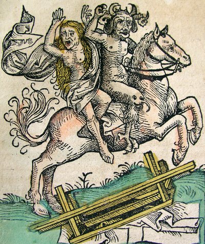 Teufel und eine Frau zu Pferd, veröffentlicht in der Nürnberger Chronik, 1493 von German School