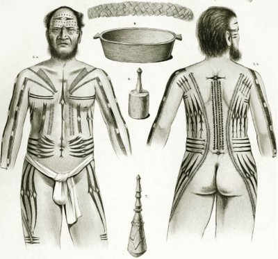 Diagramm von verschiedenen polynesischen Artefakten und Tätowierungen, 1888 von German School