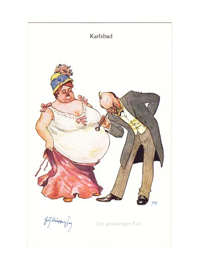 Edwardianische humorvolle Postkarte eines Arztes, der mit seinem Stethoskop an den Bauch einer sehr dicken Frau lauscht, ca. 1910 (Farblithografie) von German School
