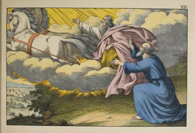 Elia fährt im Wirbelwind in den Himmel und lässt seinen Schüler Elisa zurück, um sein Werk fortzusetzen, Illustration aus dem Alten Testament, veröffentlicht von Jakob Ferdinand Schreiber, Esslingen (Farbstich) von German School