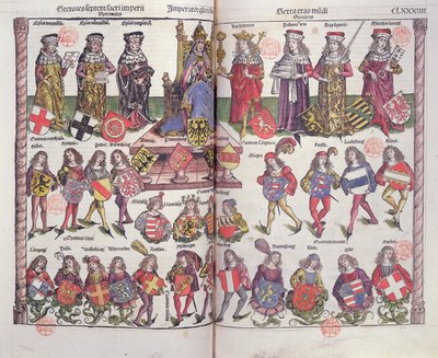 Kaiser und Kurfürsten des Heiligen Römischen Reiches mit vierundzwanzig deutschen Adligen, die ihre Wappen präsentieren von German School