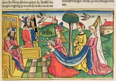 Esther wird von König Ahasverus zur Königin gewählt, aus der Nürnberger Bibel (Biblia Sacra Germanaica) von German School