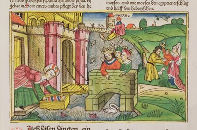 Moses wird den Nil hinuntergeschickt und von einer der Frauen des Pharaos entdeckt, aus der Nürnberger Bibel (Biblia Sacra Germanaica) von German School