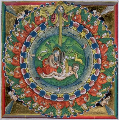 Faksimile-Kopie von Genesis 2:22 Gott erschuf Eva, aus der Nürnberger Bibel (Biblia Sacra Germanaica) von German School