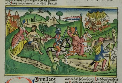 Faksimile-Kopie von Hiob: Frontispiz, Hiob wird von seiner Frau gescholten, sein Haus und seine Familie werden von einem Hurrikan zerstört und sein Vieh gestohlen, aus der Nürnberger Bibel (Biblia Sacra Germanaica) von German School