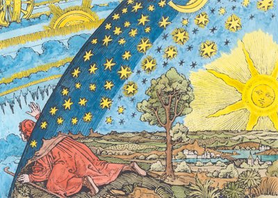 Fantastische Darstellung des Sonnensystems (spätere Kolorierung) von German School