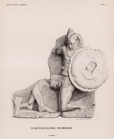 Figur eines Riesen vom Giebel des Schatzhauses von Megara, Olympia, Griechenland (Gravur) von German School