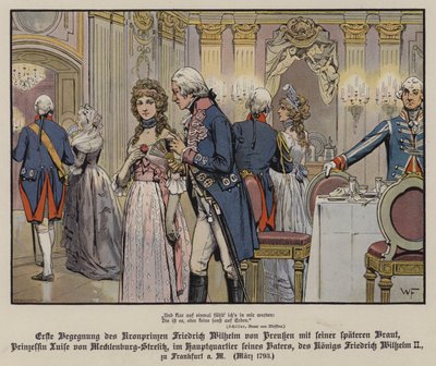 Erstes Treffen von Kronprinz Friedrich Wilhelm von Preußen und seiner zukünftigen Braut, Prinzessin Louise von Mecklenburg-Strelitz im Hauptquartier seines Vaters, König Friedrich Wilhelm II., in Frankfurt von German School