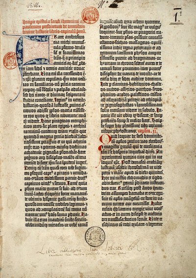 Erste Seite der Bibel in Latein (Vulgata) von Gutenberg, vorbereitet in Mainz 1452 - 1454. Der Beginn des Briefes von St. Hieronymus an den Priester Paulinus, der sich mit allen Büchern der Heiligen Schrift befasst. von German School