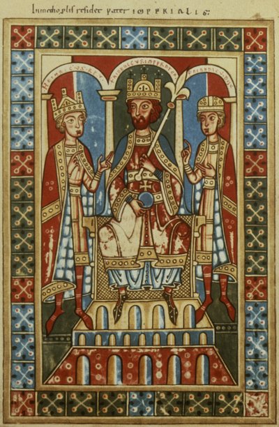 Friedrich I. mit seinen zwei Söhnen König Heinrich VI. und Herzog Friedrich, ca. 1180 von German School