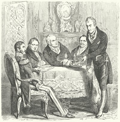 Friedrich Wilhelm III. von Preußen im Gespräch mit seinem Premierminister Karl August von Hardenberg und Klemens von Metternich, dem österreichischen Außenminister (Stich) von German School