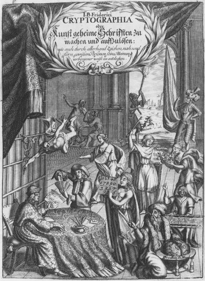 Frontispiz, Illustration aus Cryptographia, oder geheime Schrifften von Johann Balthasar Friderici, graviert von Johan Friedlein, veröffentlicht in Hamburg, 1685 von German School