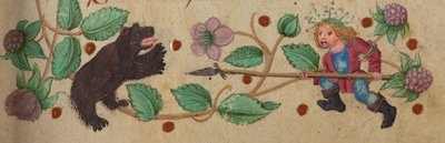 Gekränzter Jäger zu Fuß, der einen Bären speert, ca. 1475-1485 von German School