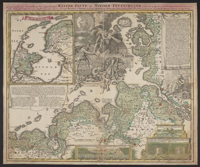 Geografische Darstellung der elenden Wasserflut in Niedergermany, die am 25. Dezember 1717 stattfand, ca. 1718 von German School